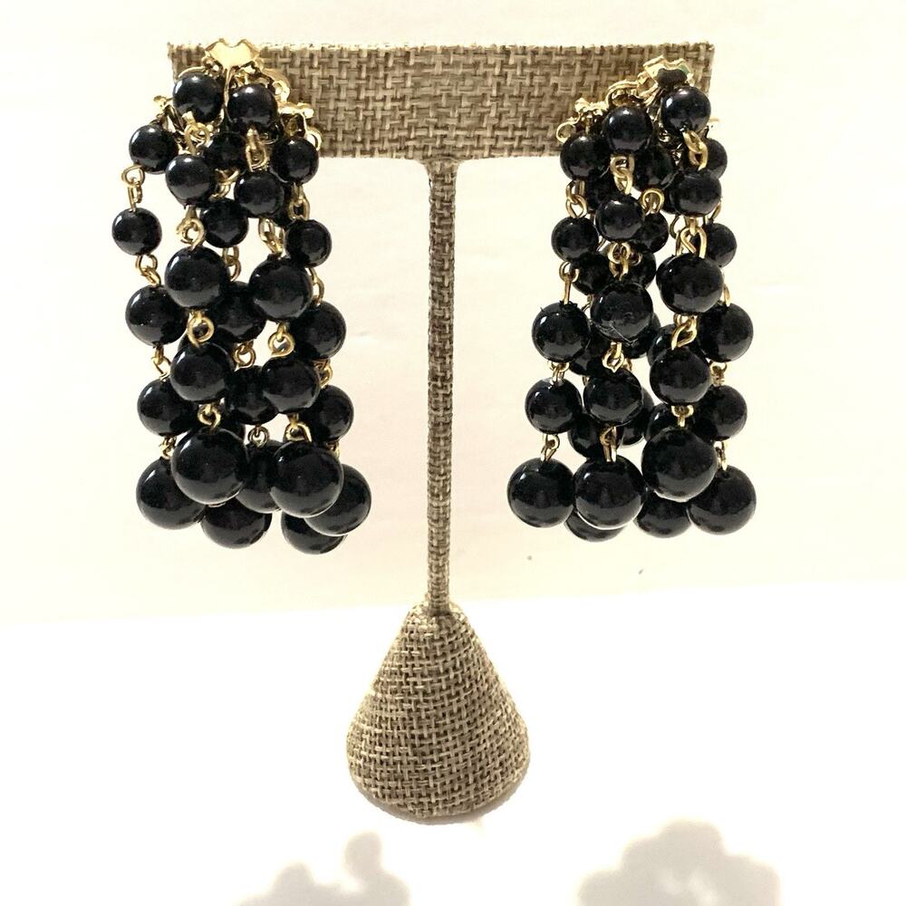 Vintage Black Graduated Cluster Dangle Earrings Pierced ~2.5"